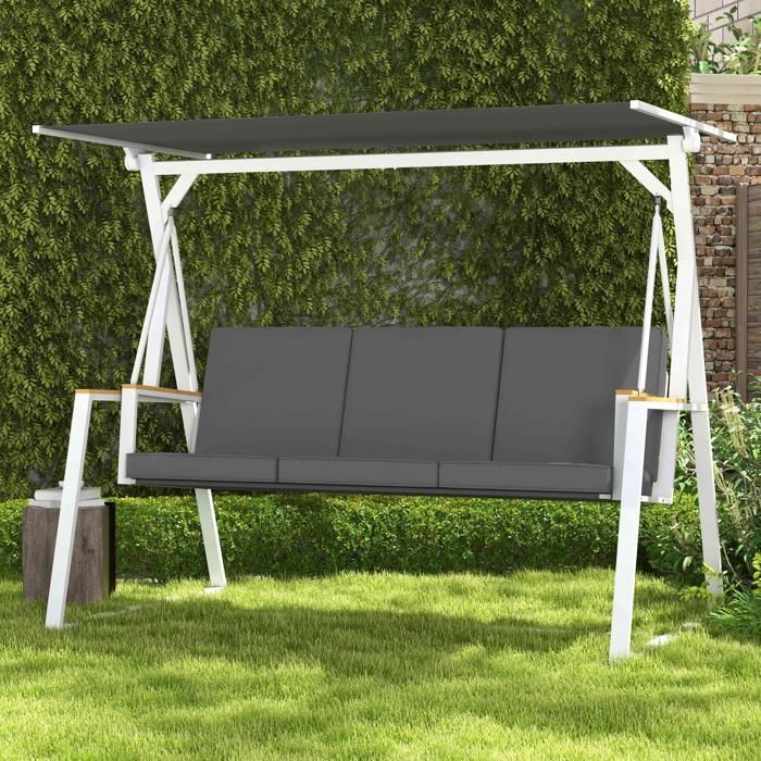 Gartenschaukel – Outsunny – 3-Sitzer mit neigbarem Sonnendach, inklusive Matratze, Stahlrahmen – Metall – 205 x 130 x 175 cm – Dunkelgrau