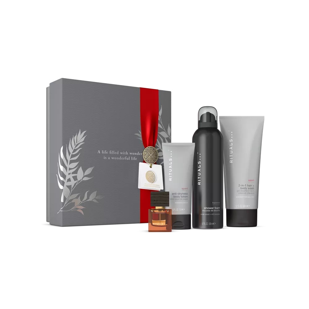 Darčeková sada Homme M penový sprchový gél 200 ml, šampón a sprchový gél 2-1 200 ml, telové mlieko proti vysušovaniu 70 ml, cestovná parfumovaná voda 15 ml