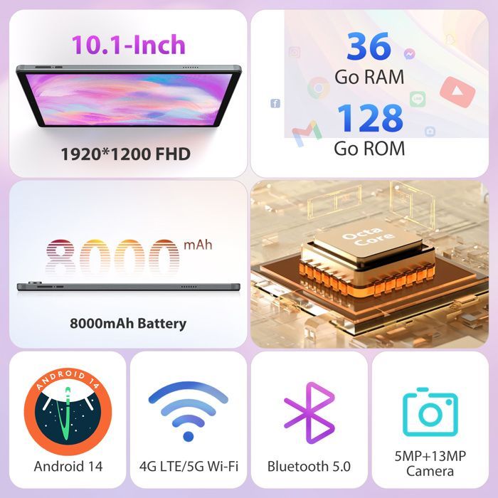 POWMUS 10,1 inch touchscreen tablet, Android 14, 36 GB + 128 GB, 1920*1200, octa-core, 4G LTE/5 GHz wifi, 8000 mAh batterij, inclusief toetsenbord en muis, grijs