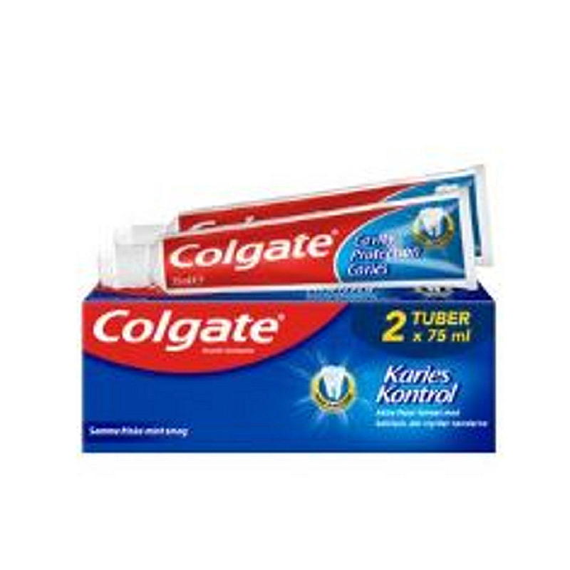 Colgate tandpasta 2-pack met gaatjes in de mond.