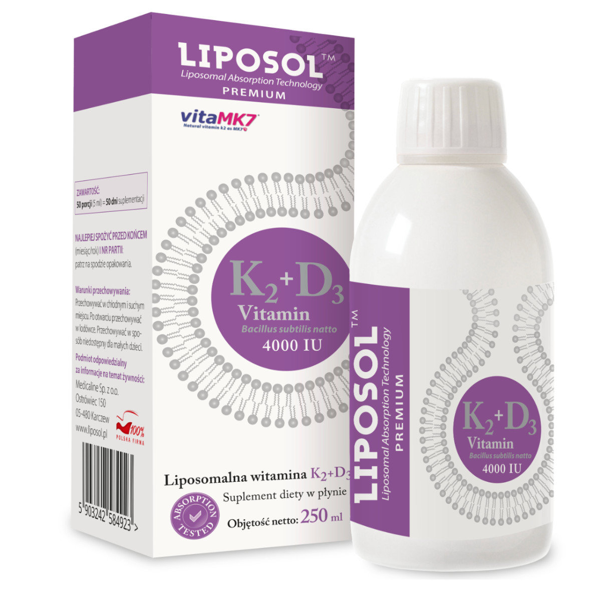 Aliness Liposol Liposomal Vitamin K2 Vita MK7 100 uq D3 4000IU