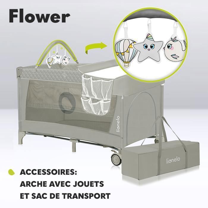 LIONELO Flower 3-in-1 kompakti matkasänky - Vauvan leikkikehä - 0-36 kuukautta - Kantolaukku - Nopeasti taittuva - Pyörät - Beige