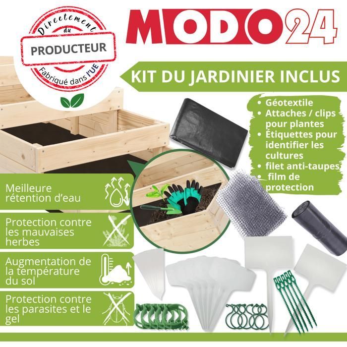 MODO24 ZP09 Huerto modular elevado con escalones, madera de pino, hierbas/verduras, jardín/terraza/balcón, 9x30x30 cm, natural