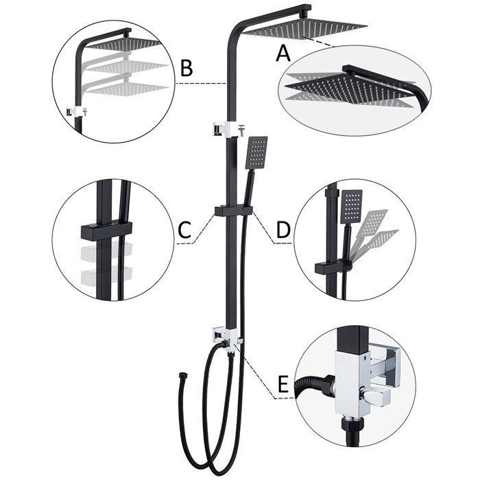 Columna de ducha de acero inoxidable negro con 2 funciones, conjunto de ducha con cabezal de ducha de 10 pulgadas, altura ajustable de 69 a 113 cm.