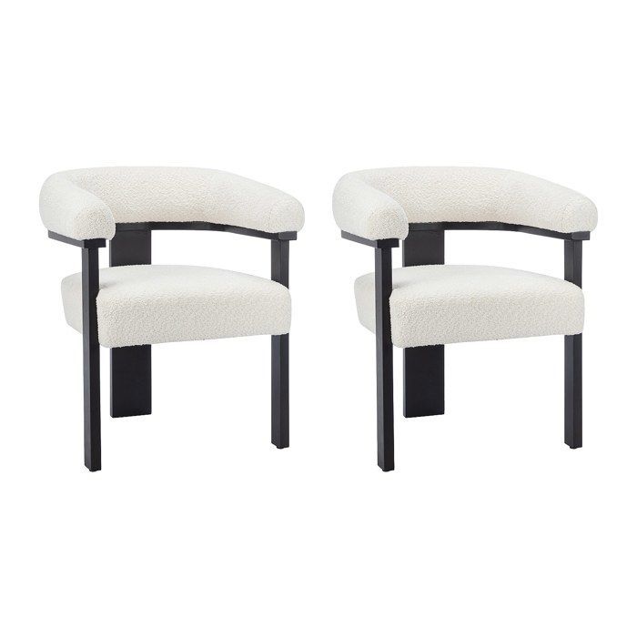 Juego de 2 sillas con reposabrazos en tela bouclé y madera de caucho negra - Blanco - LIVELIA