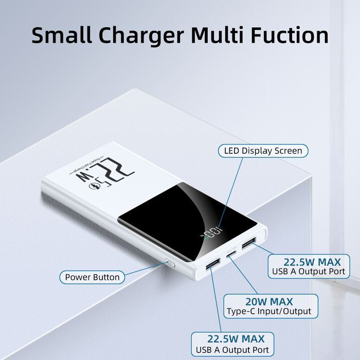 Batería externa blanca de 10000 mAh, power bank de 22,5 W con 3 salidas, batería portátil ultradelgada, cargador rápido, con pantalla LED.