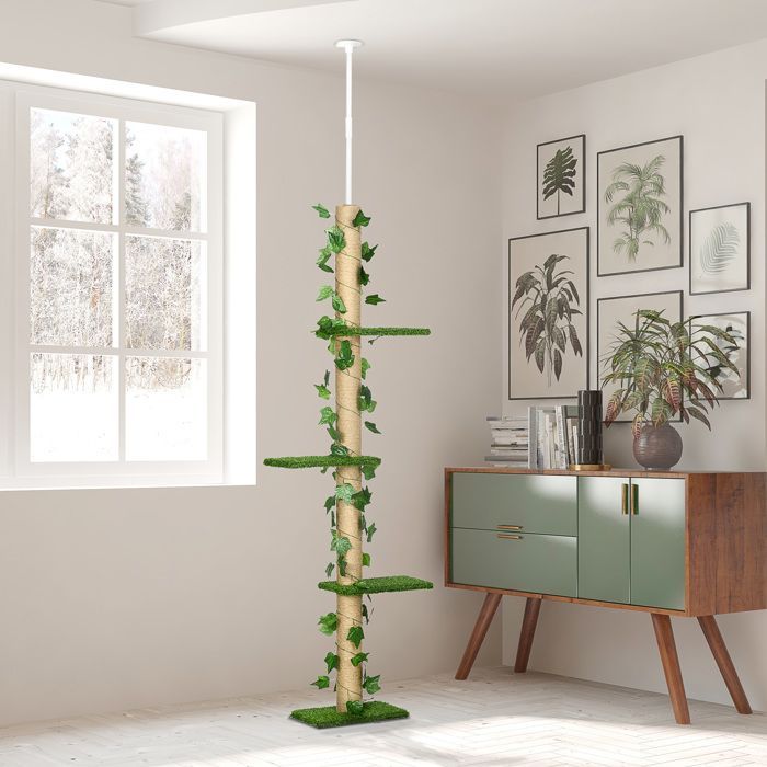 Arbre à chat - PawHut - du sol au plafond fixation réglable 4 niveaux gazon artificiel - peluche - 37x21x202-242 cm - vert