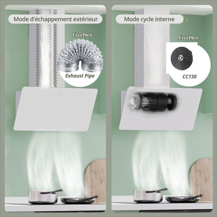 FIREGAS 60cm afzuigkap - Recirculatie en afzuiging - 420 m³/u - 3 snelheden - CC130 koolstoffilter - Wit - Touchscreen - A++