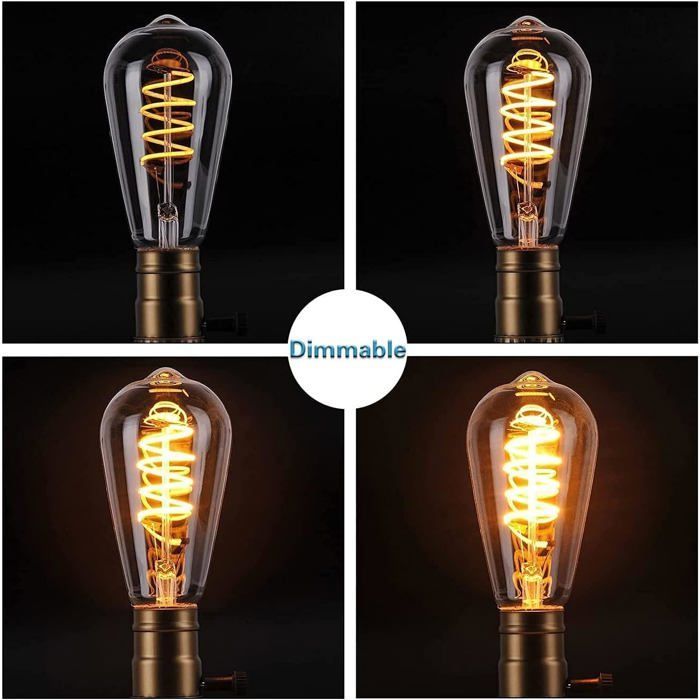Bombilla LED Edison E27 ST64 vintage, bombilla decorativa LED de filamento espiral curva flexible, blanco cálido antiguo, equivalente a 40 W.