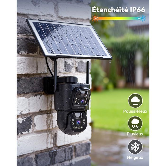 Outdoor Solar WiFi Dual Lens Security Camera, PTZ with PIR Human Detection, 8W Solar Panel & 10400mAh Battery