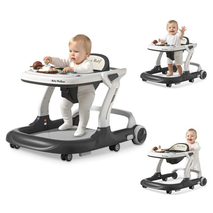 Andador convertible 2 en 1 para bebés - Altura y velocidad ajustables - Bandeja para comida, música Bluetooth, alfombra de juegos, juguete para empujar - De 7 a 18 meses - Gris