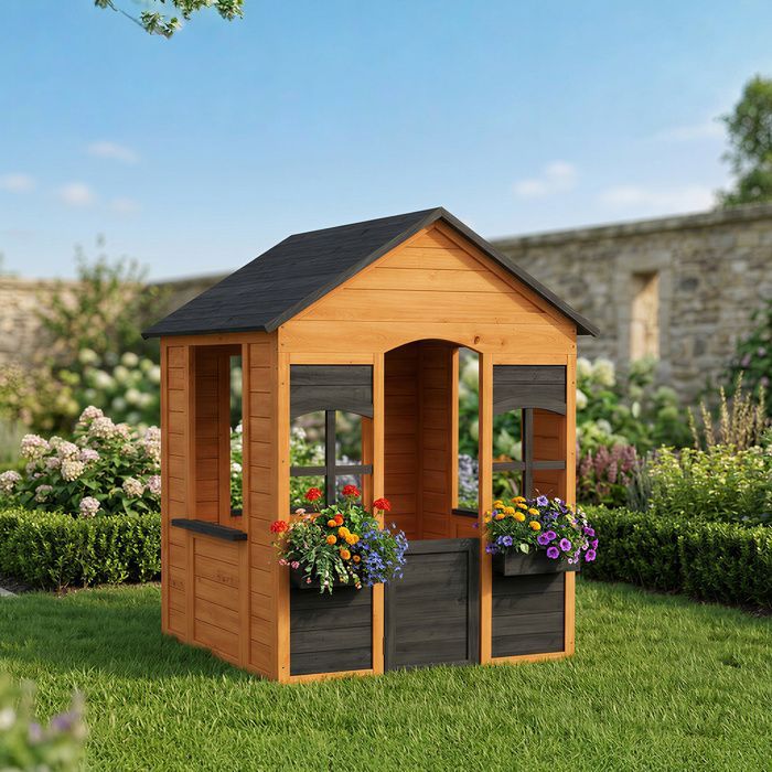 Maison de jeu extérieure - AIYAPLAY - demi-porte, fenêtres, bacs à fleurs - pour 3-8 ans - bois - 110,6x106,6x138cm - marron clair