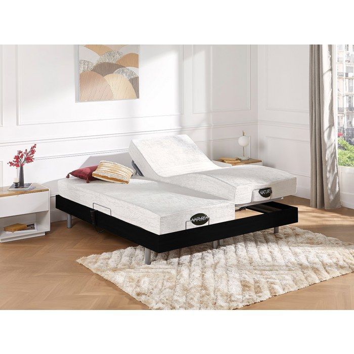 Cama eléctrica de relajación con base de láminas + colchón de espuma viscoelástica y bambú - 2 x 70 x 190 cm - Negra - LYSIS III de NATUREA