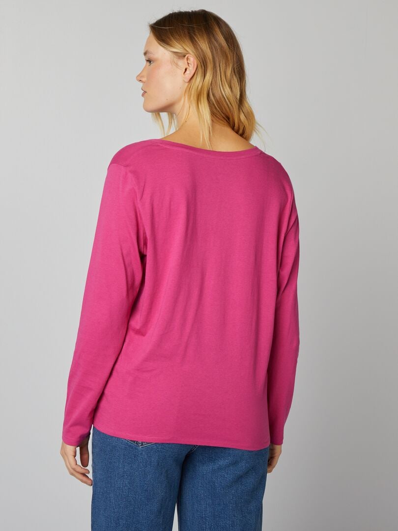 Eenvoudig T-shirt met lange mouwen en V-hals - donkerroze