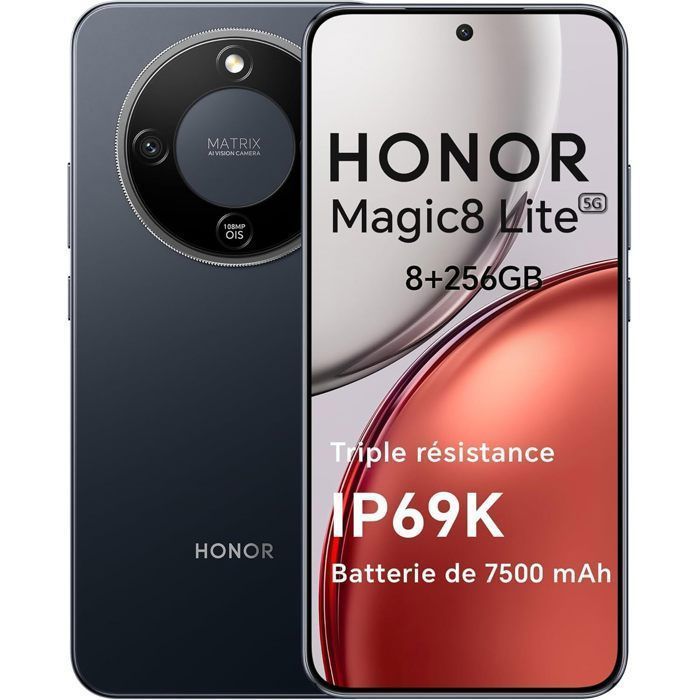 Smartphone 5G - HONOR Magic8 lite - 8 GB de RAM - 256 GB - 7500 mAh - 108 Mpx + OIS - IP68 e IP69K - Negro - Versión UE