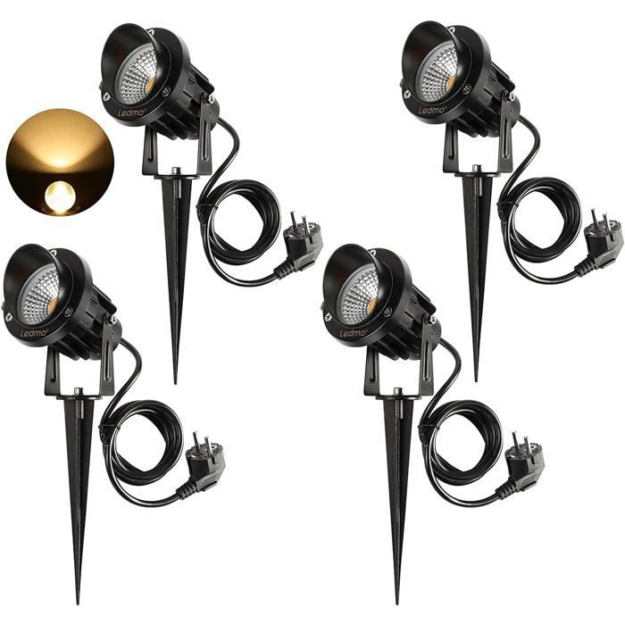 Paquete de 4 focos LED exteriores de 9 W con estacas, 3000 K-3300 K, 900 lúmenes, luces LED exteriores con estaca, lámpara de jardín impermeable IP65, luz blanca cálida.
