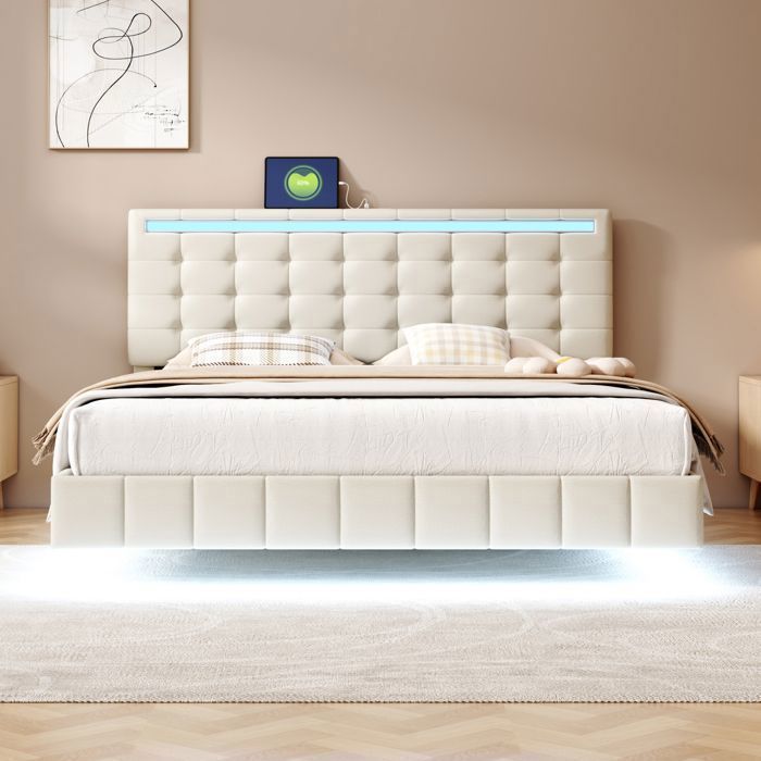 Cama de casal estofada 160 x 200 cm - LUMINARIX - LED - USB/Tipo-C - Estrutura de cama suspensa - Estrado de ripas - Bege - Linho