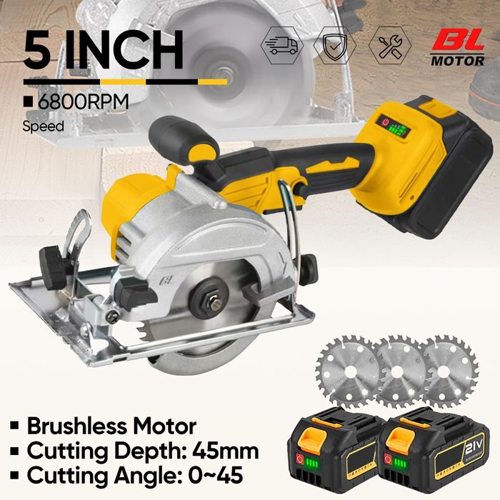 Sega circolare a batteria da 125 mm - Motore brushless da 21 V 1000 W - con 2 batterie - Angolo di taglio 0-45°, profondità di taglio 45 mm - Per legno e PVC