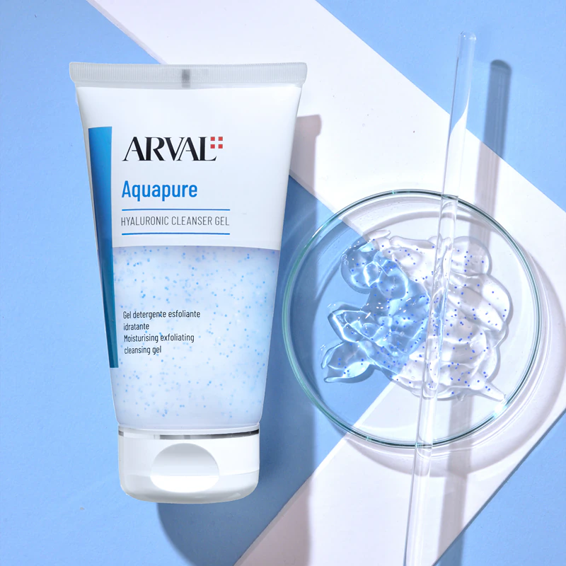 Gel de limpeza Arval Aquapure com ácido hialurônico, gel esfoliante suave para uma limpeza perfeita da pele.