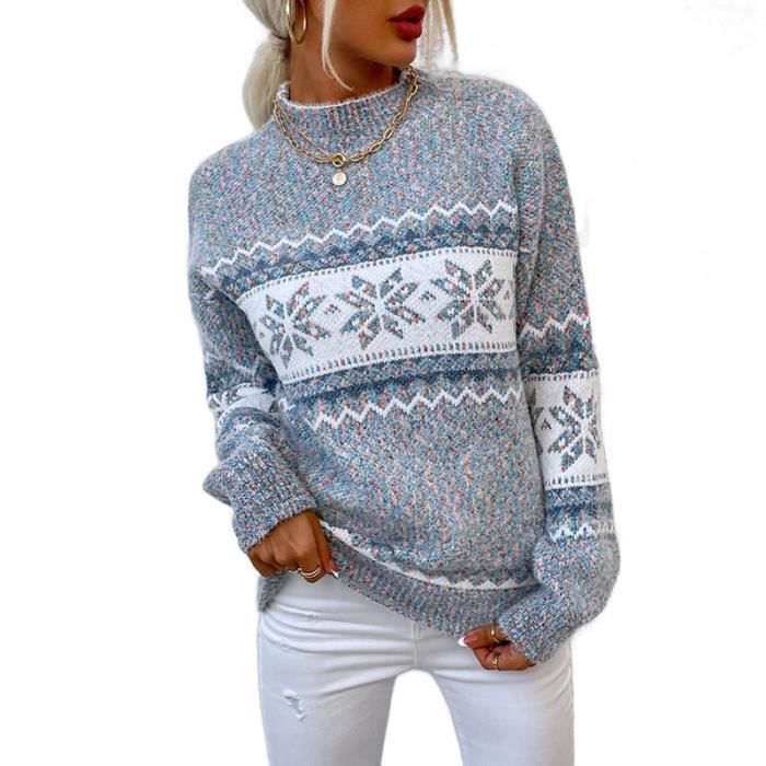 Jersey de mujer, jersey navideño de mujer, jersey de punto con cuello redondo estampado, jersey cálido para mujer - Gris