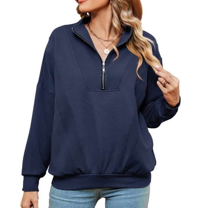 Maglione da donna con cerniera sul collo, maniche lunghe, tinta unita, comodo, autunno/inverno - Taglia UE - Blu navy