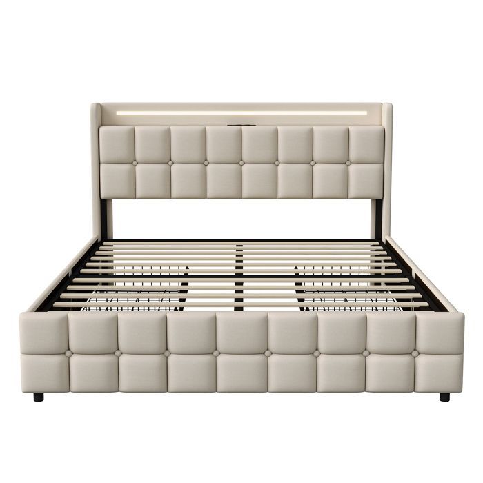 Volwassenenbed 160x200 - PERGAR - Beige linnen - 4 lades - LED-hoofdbord - USB-oplaadpunt