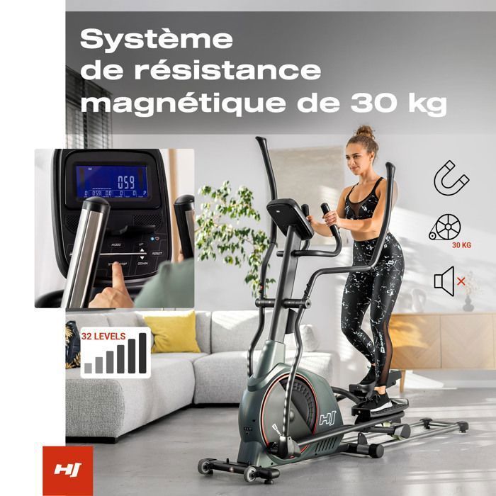 Aparelho elíptico dobrável Hop-Sport HS-095CF Prizm, volante de 30 kg, peso máximo do usuário de 135 kg, iConsole+Training, cinza