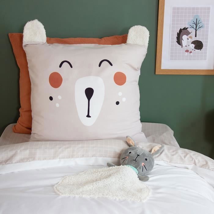 Children's 140x200 cm Bedding Set - Duvet Cover + Pillowcase with Forest Animals, Green and Beige, with Soft Toy Pocket