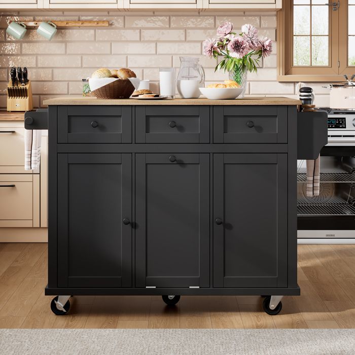 Kücheninsel auf Rollen, klappbare Arbeitsplatte, Sideboard mit Abfalleimer, drei Türen und drei Schubladen, 131,2 × 46,2 × 92,7 cm, schwarz
