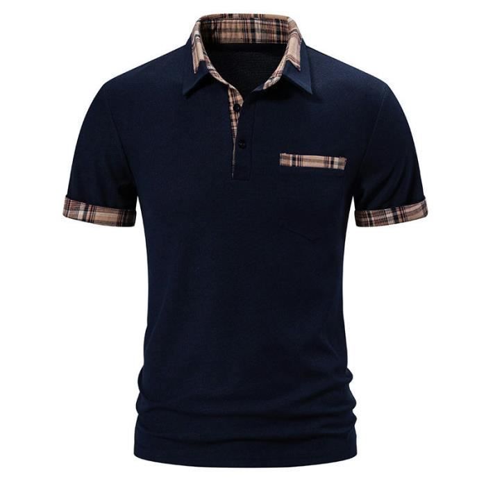 Men's Short Sleeve Polo Shirt, Regular Fit, Contrasting Casual Polo Shirt with Pocket - EU Size - Navy Blue