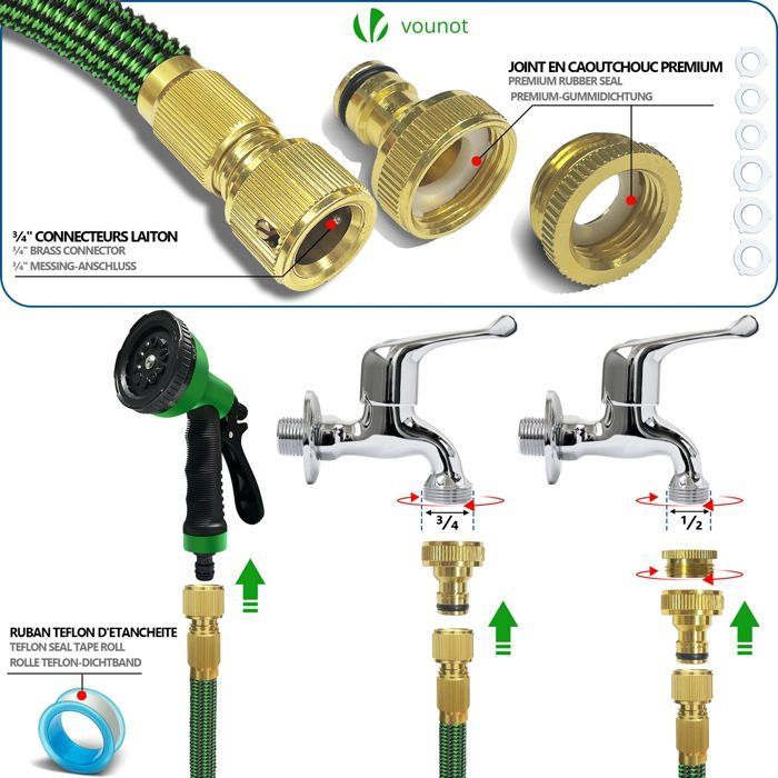 VOUNOT® Reinforced Expandable Garden Hose 15m Green - 10 Modes - Connector and Storage Bag Included - Flexible, Leak-Proof