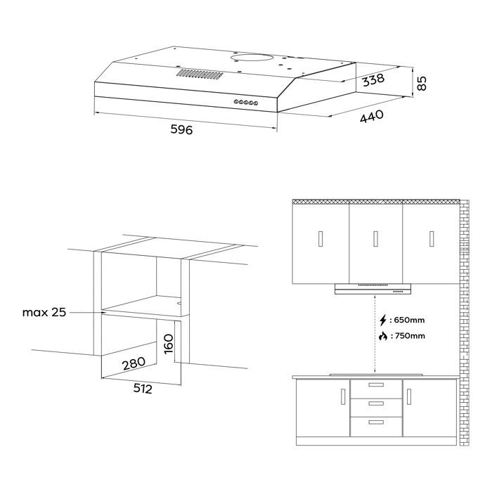 CIARRA Hotte visière 60cm 220m³/h Classe A+ 3 vitesses Evacuation&Recyclage Hotte Casquette Inox