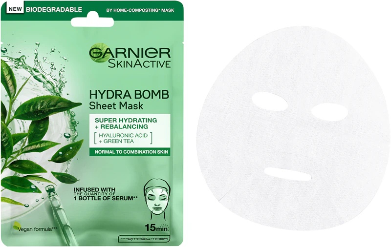 „Garnier Textil Masks Hydra Bomb“ intensyviai drėkinanti ir valomoji lakštinė kaukė normaliai ir mišriai odai.