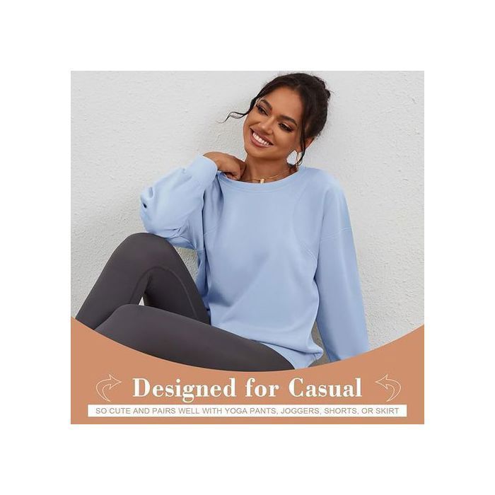 Felpa corta sportiva oversize da donna a maniche lunghe, blu, taglia L, pullover casual, girocollo e spalle scese, morbida e traspirante