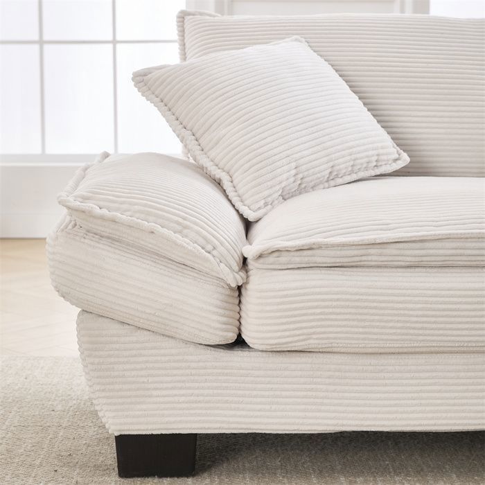 DRIPEX 3-Seater Beige Corduroy Sofa with Pillows, Back Cushions and Armrests, Sturdy Wooden Legs, 224×81×81cm