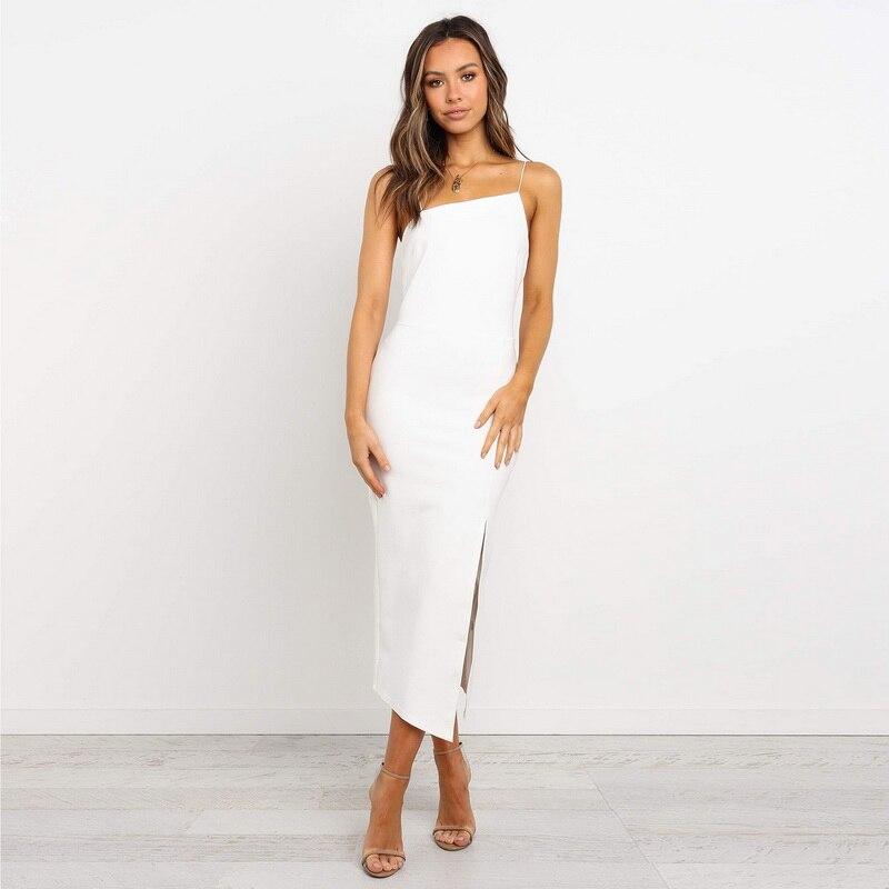 Robe d'été sexy à bretelles spaghetti, robe élégante fendue midi fendue, robe de soirée pour femme