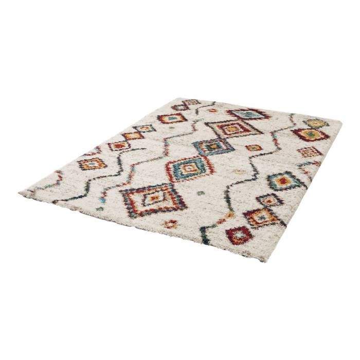 Tapis intérieur shaggy. style berbère. poils longs. crème et multicolore 80 x 150cm