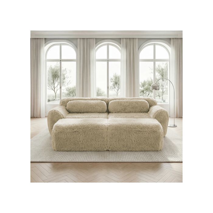 2-Sitzer-Sofa mit 2 Hockern, hellkhakifarbener Samtbezug, modular und rahmenlos, 32D-Schaumstoffpolsterung, wandelbares Set für das Wohnzimmer