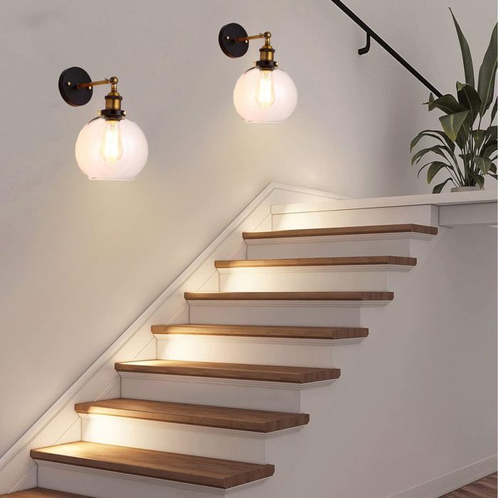 Diday, set da 2 applique industriali in vetro, lampada da parete vintage E27 con paralume rotondo in stile Edison, luce da parete regolabile a 180°