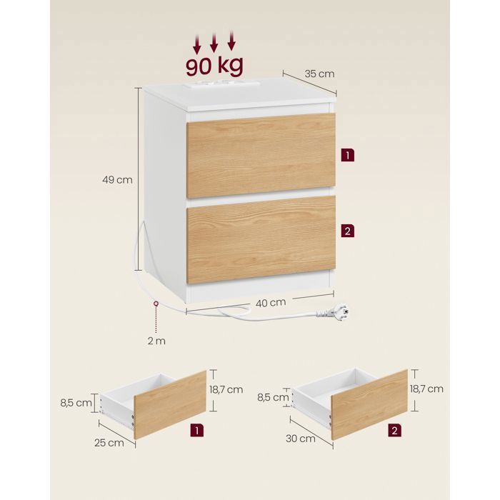 VASAGLE Lot de 2 Table de Chevet avec Multiprise, Table d'Appoint, 2 Tiroirs, 2 Prises CA, 2 Ports USB-A, Moderne, Jaune Amande