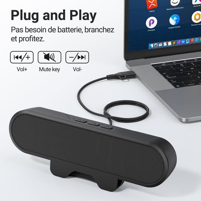 Haut Parleurs USB, Mini Barre de Son, Enceinte PC pour Moniteur Portable, Tablette, Ordinateur de Bureau, Smartphone, Plug and Play