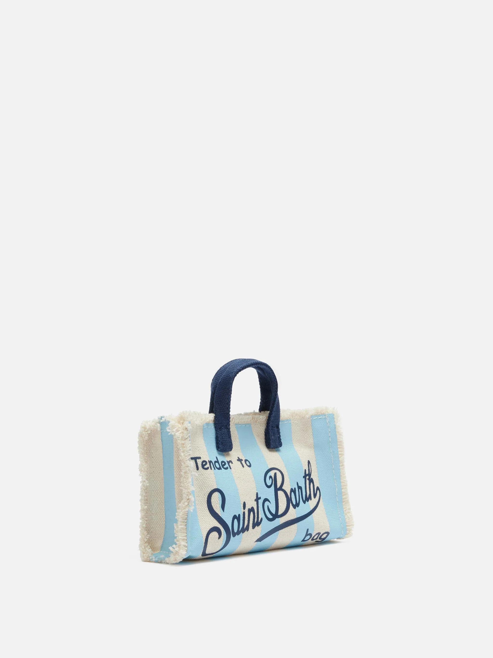 Telefoontasje van katoenen canvas met blauwe strepenprint.