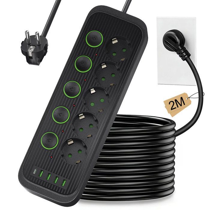 Multiprise Électrique 2500W, BYONDSELF®, Prise Électrique avec 5 Interrupteur Individuel, 5 Prises, 4 USB, 1 Type-C, Câble de 2m