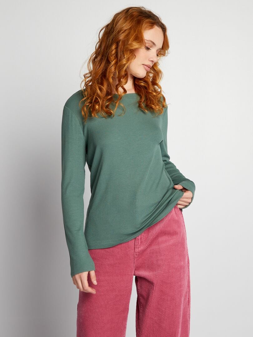 Camiseta de punto elástico acanalado - verde grisáceo