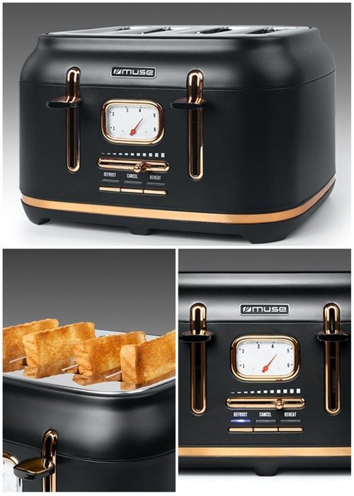 4-Slice Toaster - Vintage - Black and Gold - 1800W - 6 Browning Levels - Easy Cleaning