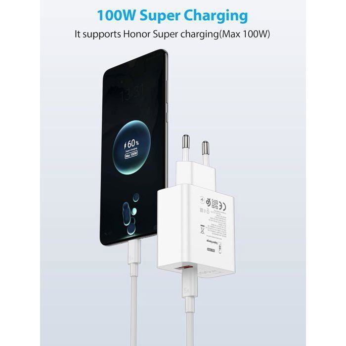 Cargador rápido Supercharge de 100 W para Honor 200 Pro+ y 200 Lite, cargador rápido con 2 puertos PD y cable USB-C de 1 m y 6 A, cargador Supercharge