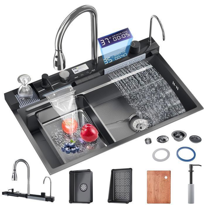 Lavello da cucina multifunzionale 75 x 45 cm, con rubinetto girevole, lavabicchieri, dispenser di sapone, beccuccio a cascata, display a LED.