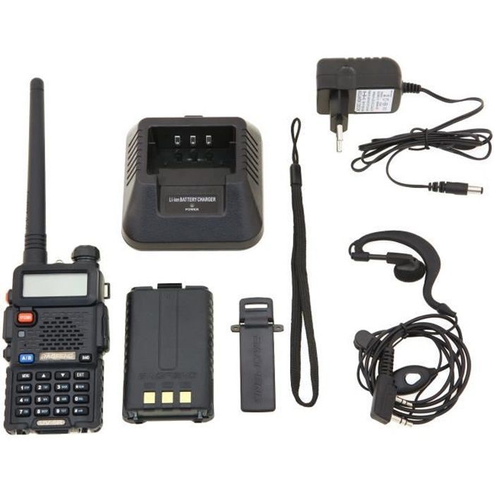 Baofeng UV-5R Radio ricetrasmittente FM VHF/UHF a doppia banda, con display, funzione standby e orologio integrato (cuffie incluse, colore nero)