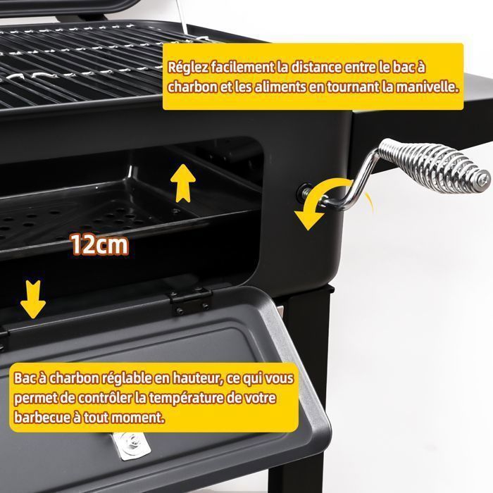 Barbecue Charbon de Bois avec Couvercle, Chariot avec Thermomètre, Bac à Charbon Réglable, 2 Tablettes, Brosse de Nettoyage, Noir