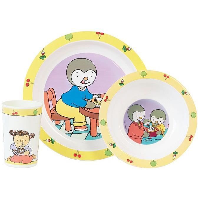 Set de comida T'CHOUPI: 1 vaso apto para microondas (220 ml), 1 plato y 1 tazón para niños.